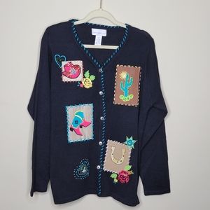 Susan Graver Navy Sweater with Colorful Patches